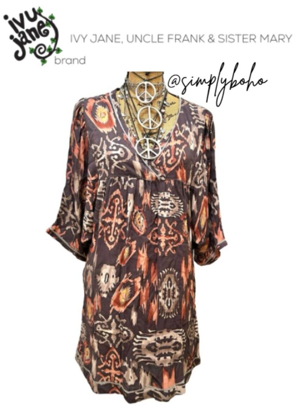 UNCLE FRANK women's Boho Ikat Print V-Neck Tunic Dress - Brown & Rust - SIZE M
